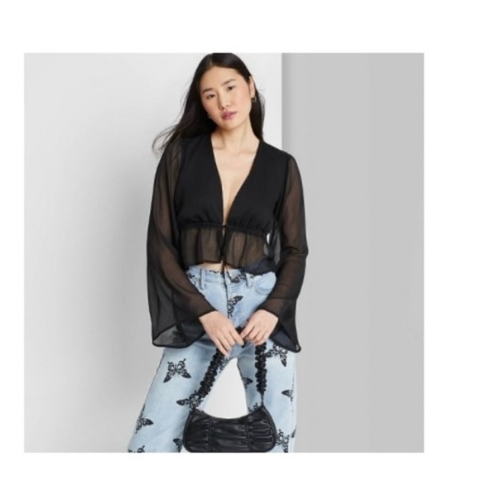 Long Sleeve Sheer Tie Front Top